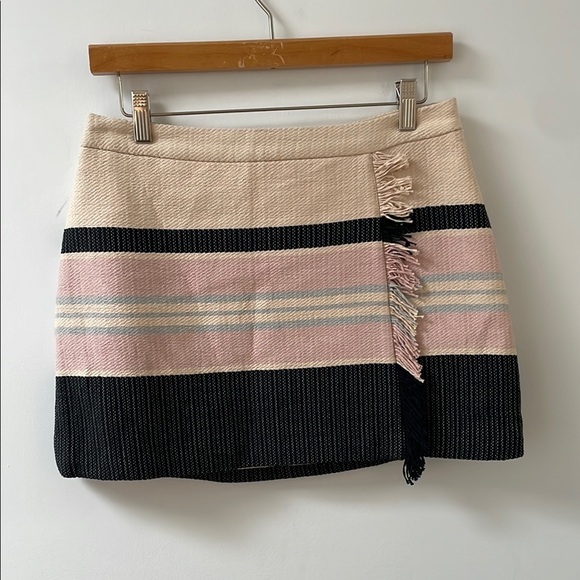Dresses & Skirts - BCBGMAXAZRIA Malikka Woven Fringe Wrap Style Cotton Mini Skirt size 6 striped